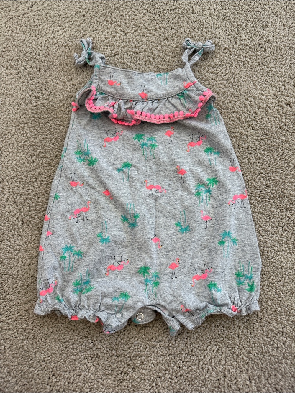 Carters Gray Baby Romper with Pink Flamingos